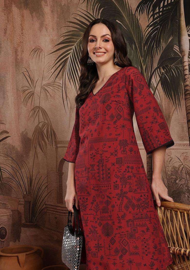 Maroon Printed Polyester Kurta Set - Indya