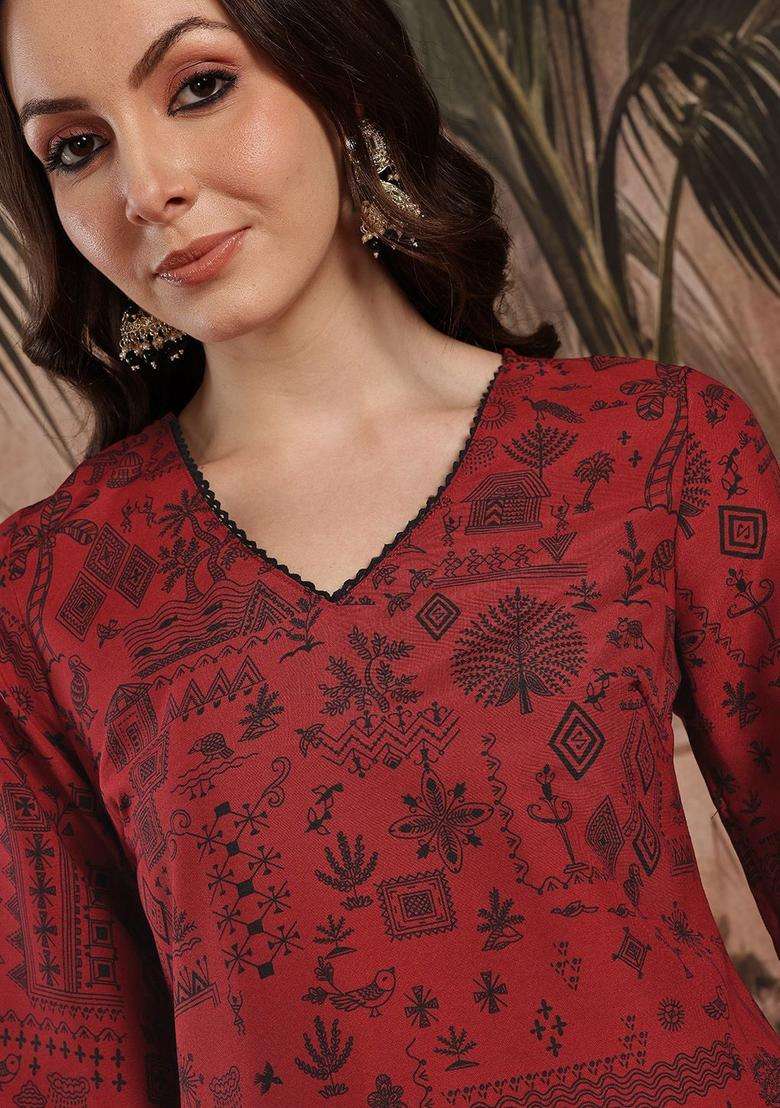 Maroon Printed Polyester Kurta Set - Indya