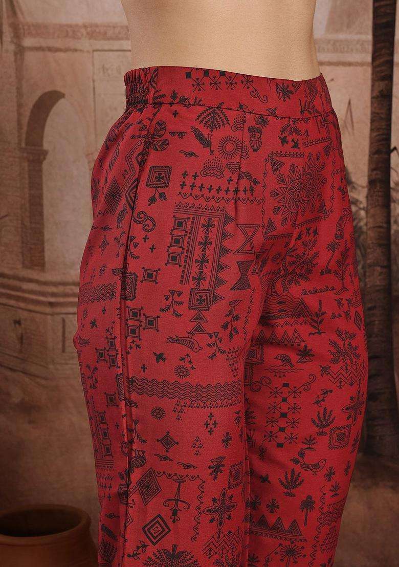 Maroon Printed Polyester Kurta Set - Indya