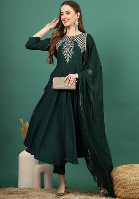 Green Embroidered Viscose Anarkali Set
