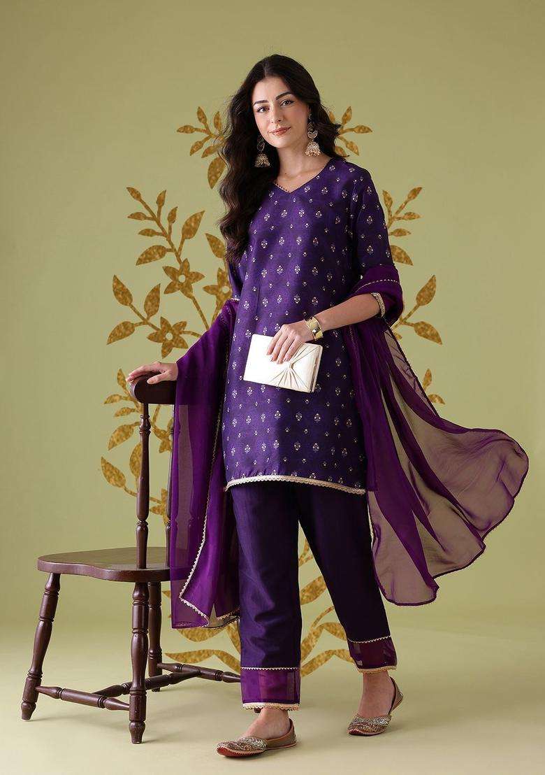 Purple Printed Cotton Kurta Set - Indya