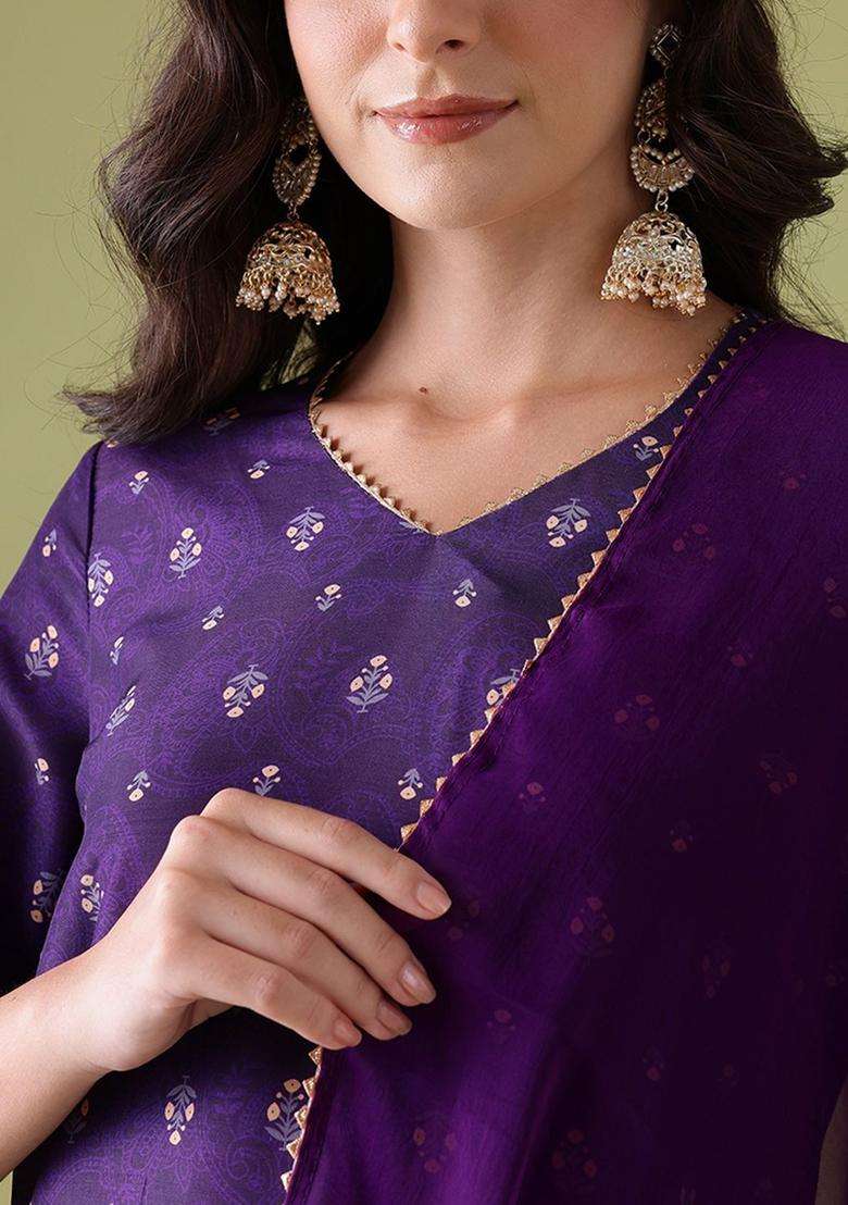 Purple Printed Cotton Kurta Set - Indya