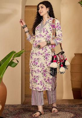 Beige Printed Cotton Kurta Set