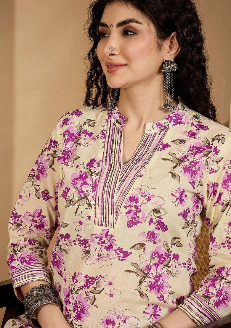 Beige Printed Cotton Kurta Set - Indya
