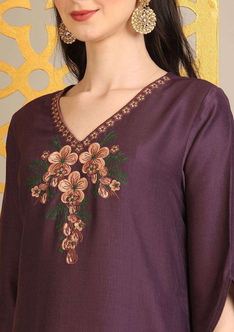 Purple Embroidered Viscose Kurta Set - Indya