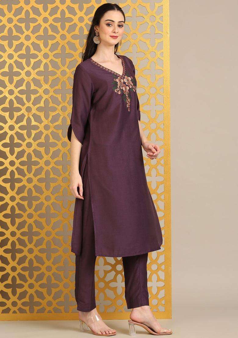 Purple Embroidered Viscose Kurta Set - Indya
