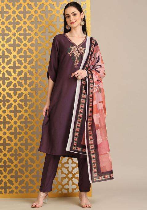 Purple Embroidered Viscose Kurta Set