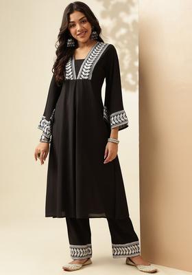 Black Solid Silk Blend Kurta Set