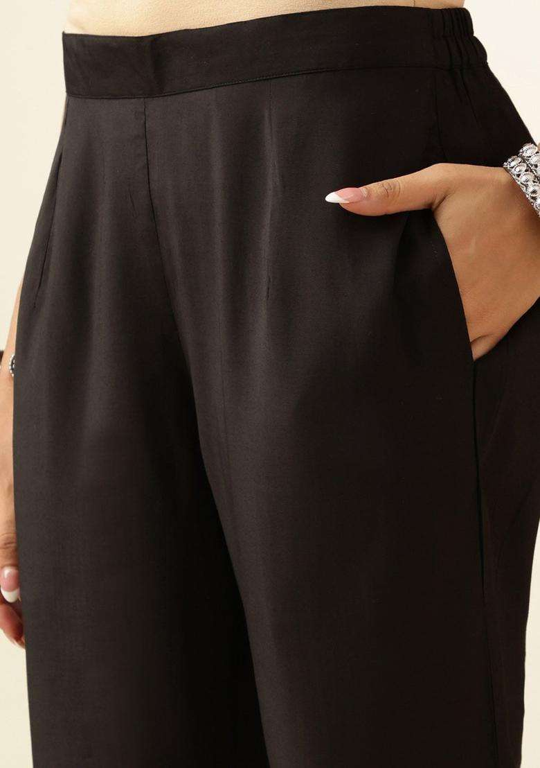 Black Solid Silk Blend Kurta Set - Indya