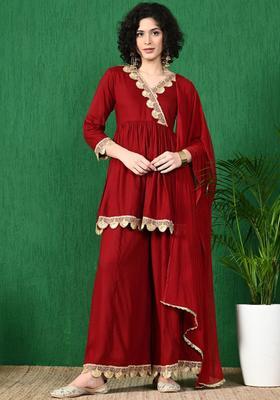 Maroon Solid Viscose Anarkali Set