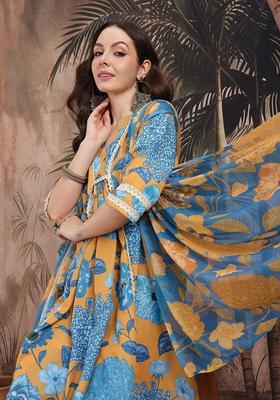 Mustard Printed Polyester Kurta Set