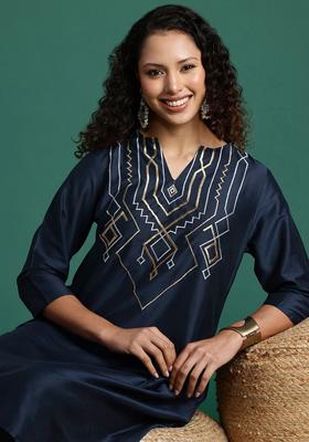 Navy Blue Woven Design Polyester Kurta Set
