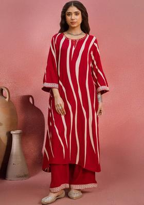 Red Striped Viscose Kurta Set