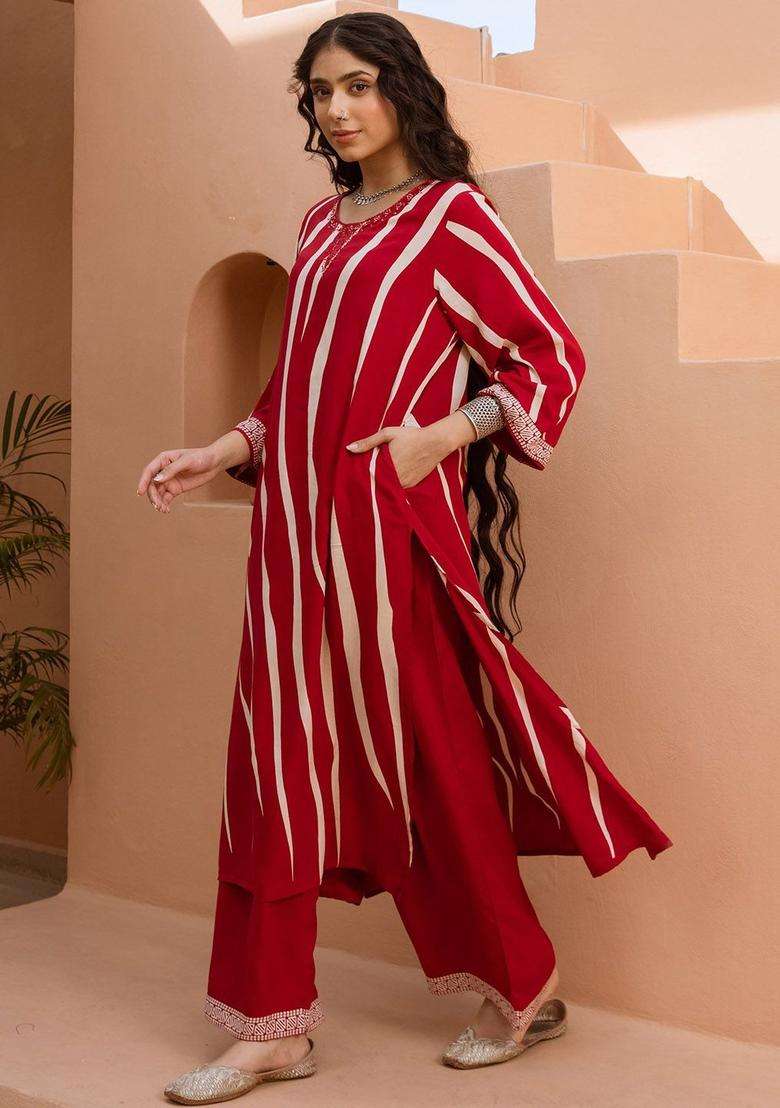 Red Striped Viscose Kurta Set - Indya