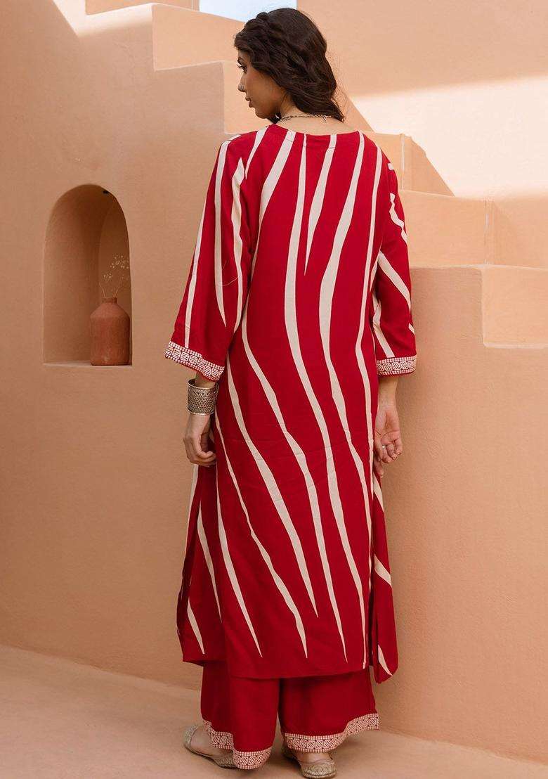 Red Striped Viscose Kurta Set - Indya