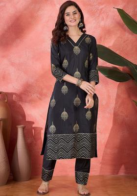 Black Printed Silk Kurta Set