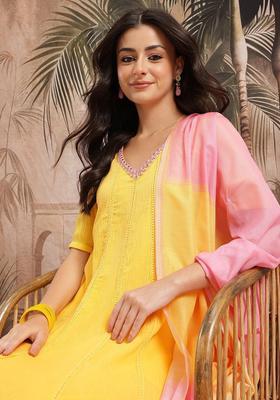 Yellow Self Design Cotton Kurta Set