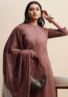 Brown Solid Cotton Kurta Set
