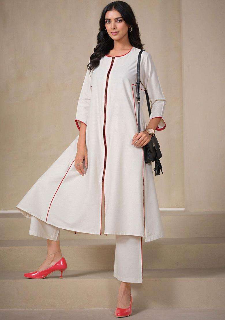 Off White Solid Cotton Kurta Set - Indya