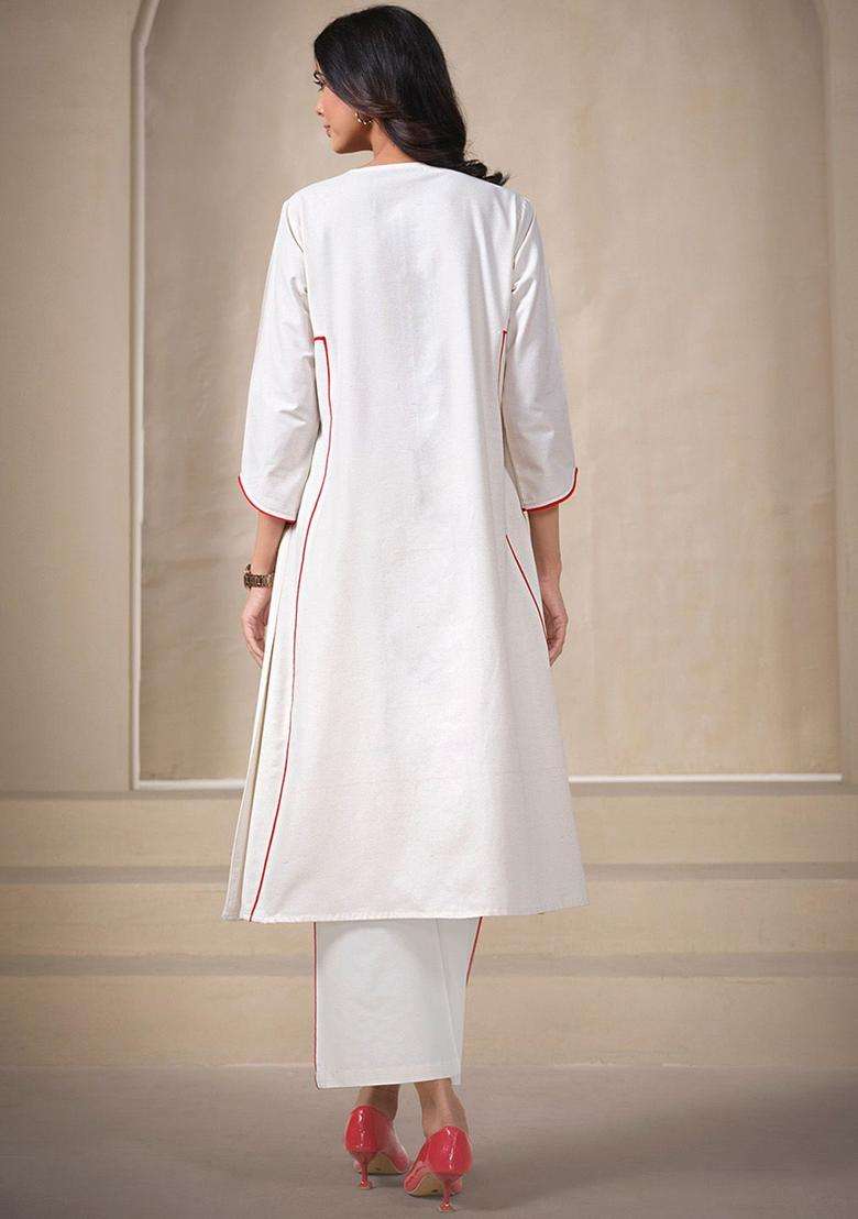 Off White Solid Cotton Kurta Set - Indya