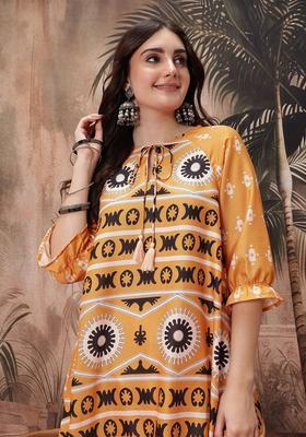 Mustard Printed Polyester Kurta Set