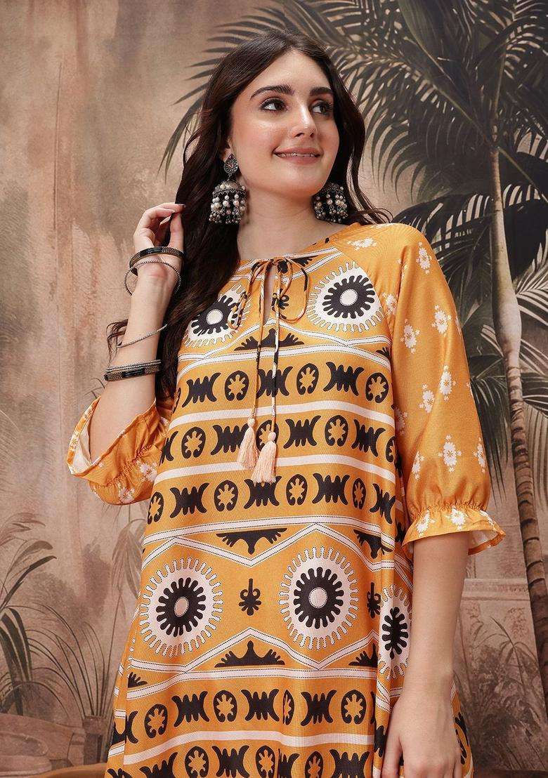 Mustard Printed Polyester Kurta Set - Indya