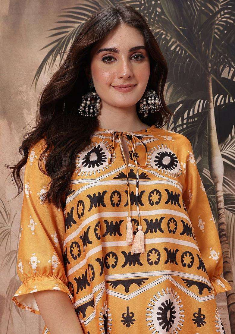 Mustard Printed Polyester Kurta Set - Indya