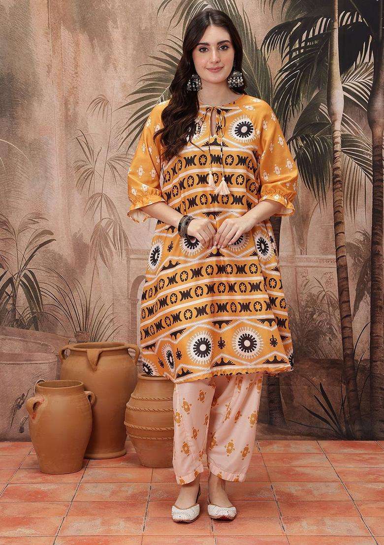 Mustard Printed Polyester Kurta Set - Indya