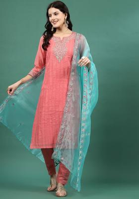 Peach Embroidered Polyester Kurta Set