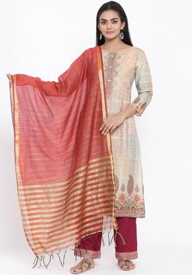 Beige Printed Viscose Kurta Set