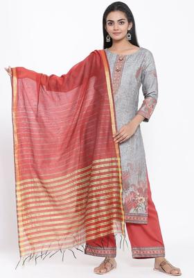 Grey Printed Silk Blend Kurta Set