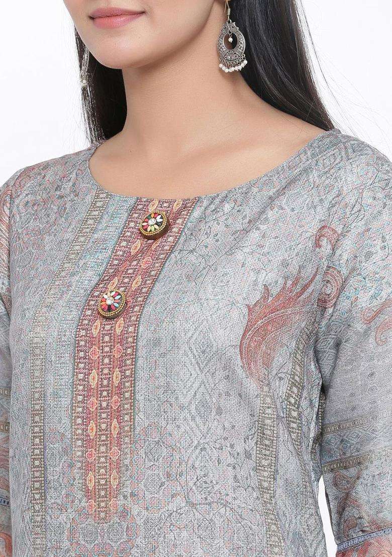 Grey Printed Silk Blend Kurta Set - Indya