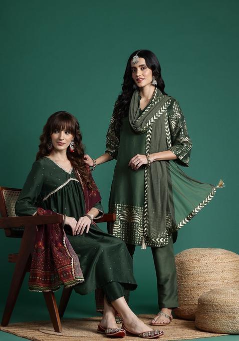 Green Printed Polyester Kurta Set — view on Indya