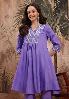 Purple Printed Polyester Kurta Set