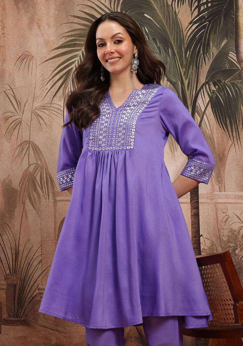 Purple Printed Polyester Kurta Set - Indya