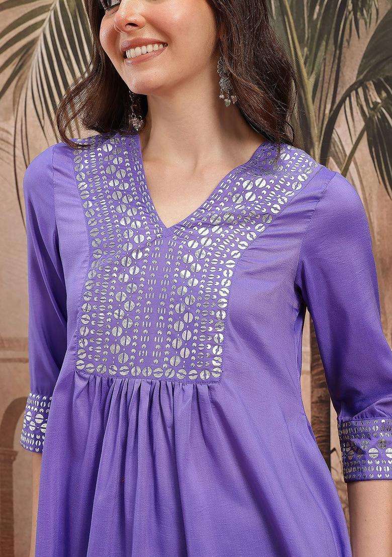 Purple Printed Polyester Kurta Set - Indya