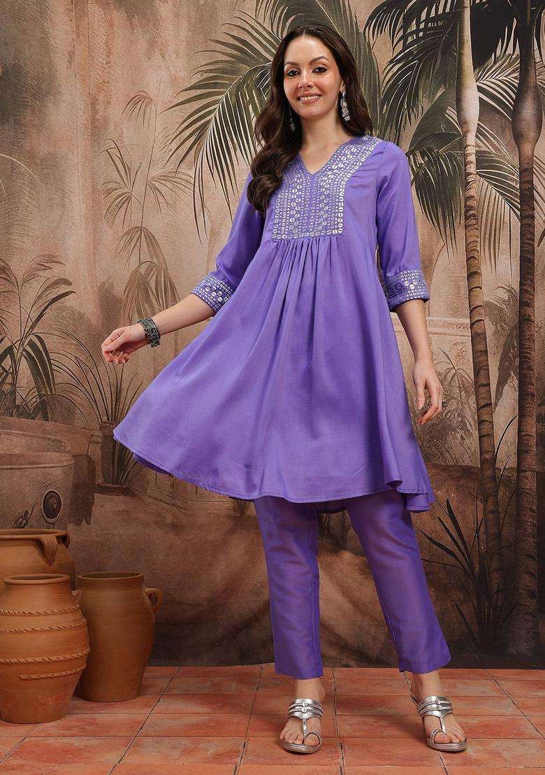 Purple Printed Polyester Kurta Set - Indya
