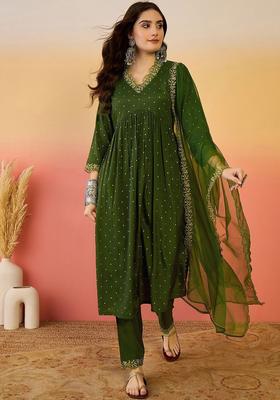 Green Solid Silk Kurta Set