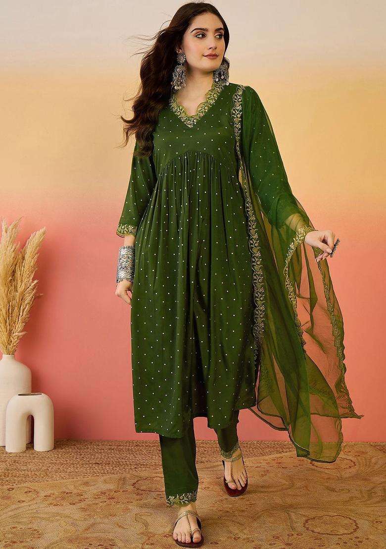 Green Solid Silk Blend Kurta Set - Indya