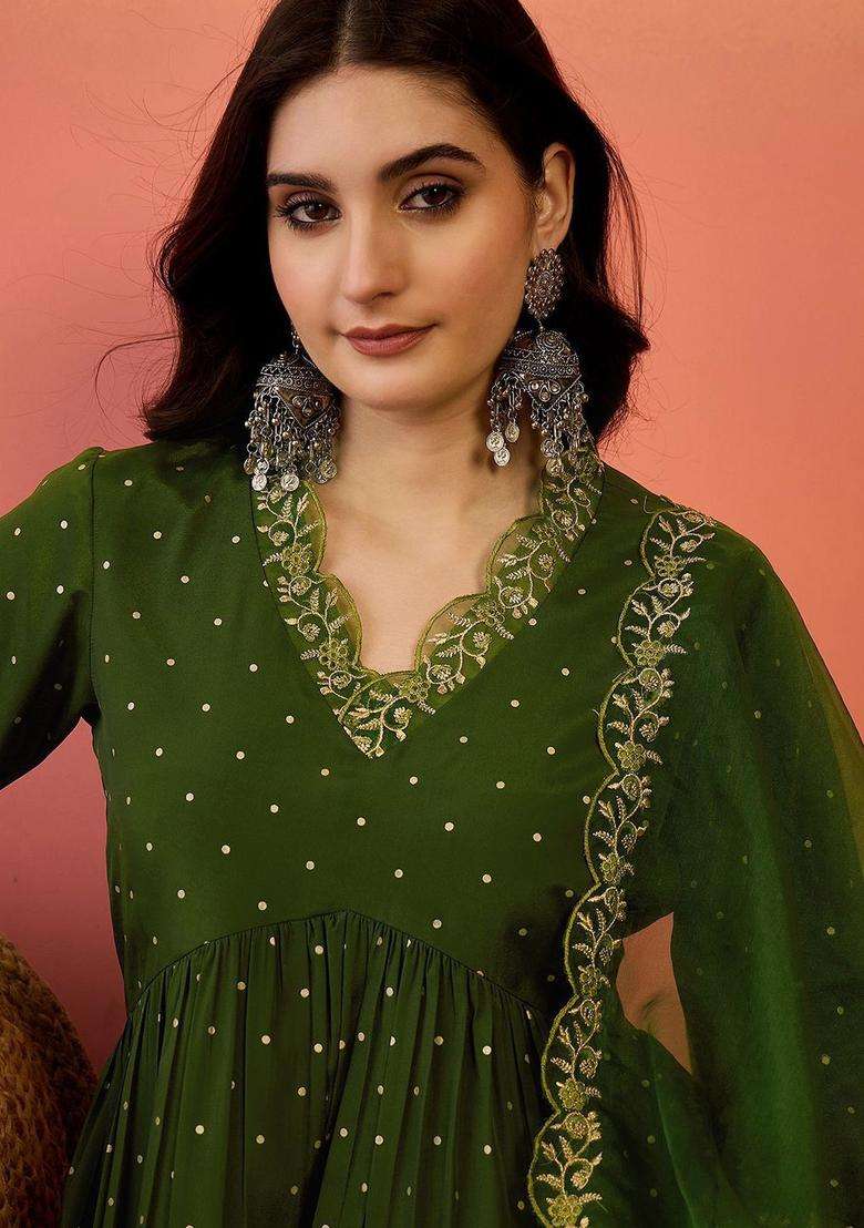 Green Solid Silk Blend Kurta Set - Indya