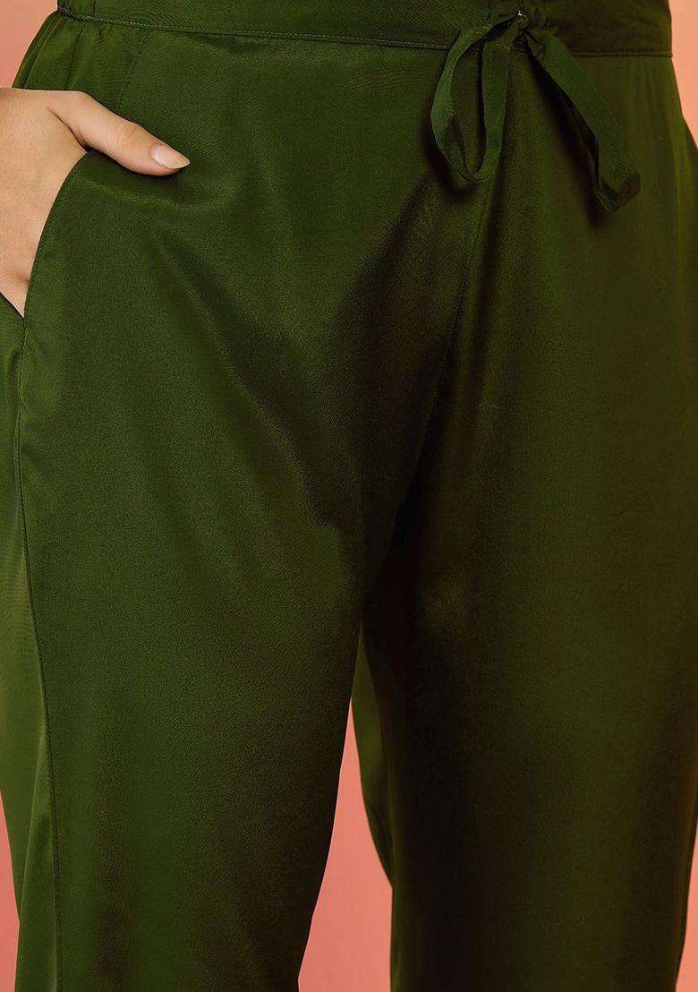 Green Solid Silk Blend Kurta Set - Indya