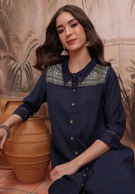 Navy Blue Yoke Design Viscose Kurta Set