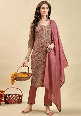 Mauve Printed Silk Kurta Set