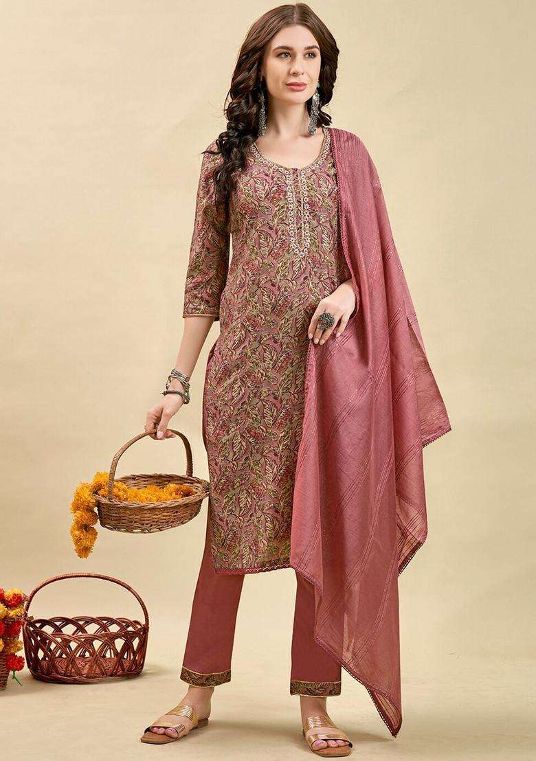 Mauve Printed Silk Blend Kurta Set - Indya