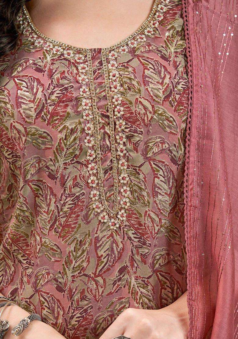 Mauve Printed Silk Blend Kurta Set - Indya