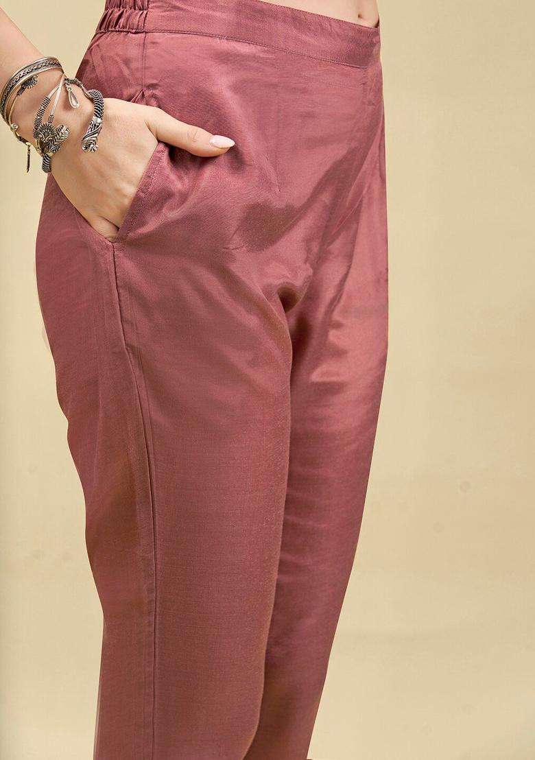 Mauve Printed Silk Blend Kurta Set - Indya