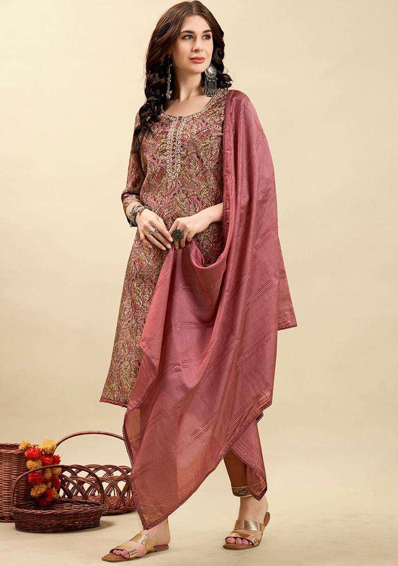 Mauve Printed Silk Blend Kurta Set - Indya