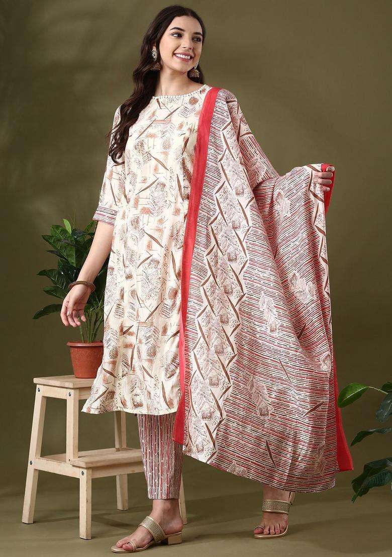 Off White Printed Silk Blend Kurta Set - Indya