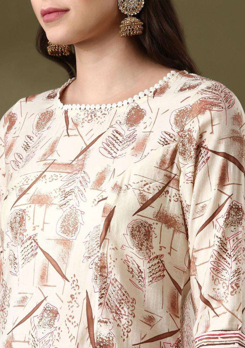 Off White Printed Silk Blend Kurta Set - Indya