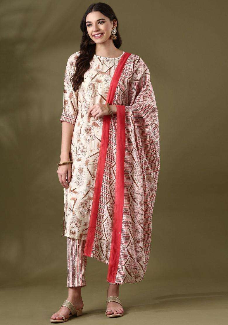 Off White Printed Silk Blend Kurta Set - Indya